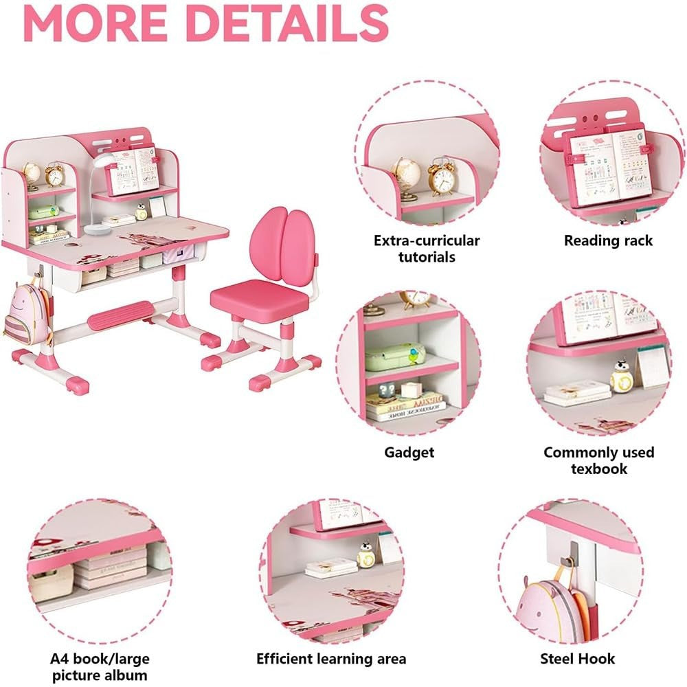 Adjustable Kids Study Learning Desk and Chair Set Ergonomic Study Table with Bookshelf, Drawer Storage, Shelves, Table Lamp & Fun Stickers (Pink)
