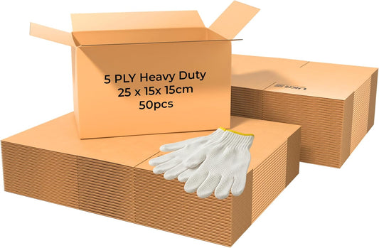 UKR Boxes 25x15x15 cm – 50 Pack Heavy Duty 5-Ply Cardboard Boxes