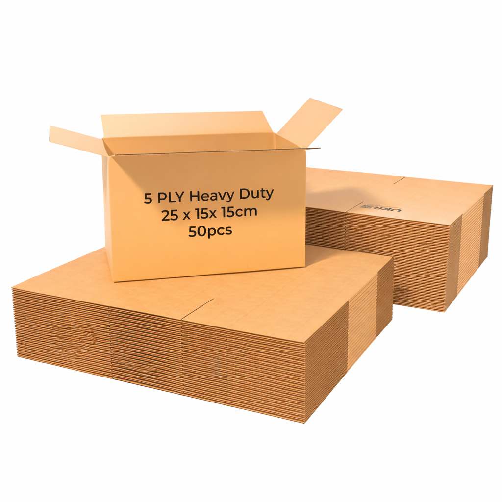 UKR Boxes 25x15x15 cm – 50 Pack Heavy Duty 5-Ply Cardboard Boxes