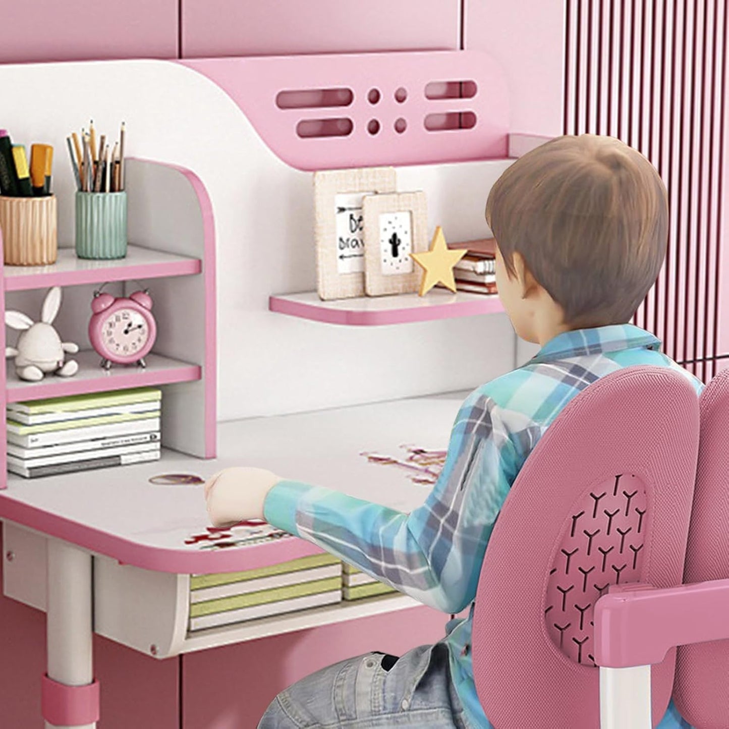 Adjustable Kids Study Learning Desk and Chair Set Ergonomic Study Table with Bookshelf, Drawer Storage, Shelves, Table Lamp & Fun Stickers (Pink)