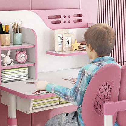 Adjustable Kids Study Learning Desk and Chair Set Ergonomic Study Table with Bookshelf, Drawer Storage, Shelves, Table Lamp & Fun Stickers (Pink)