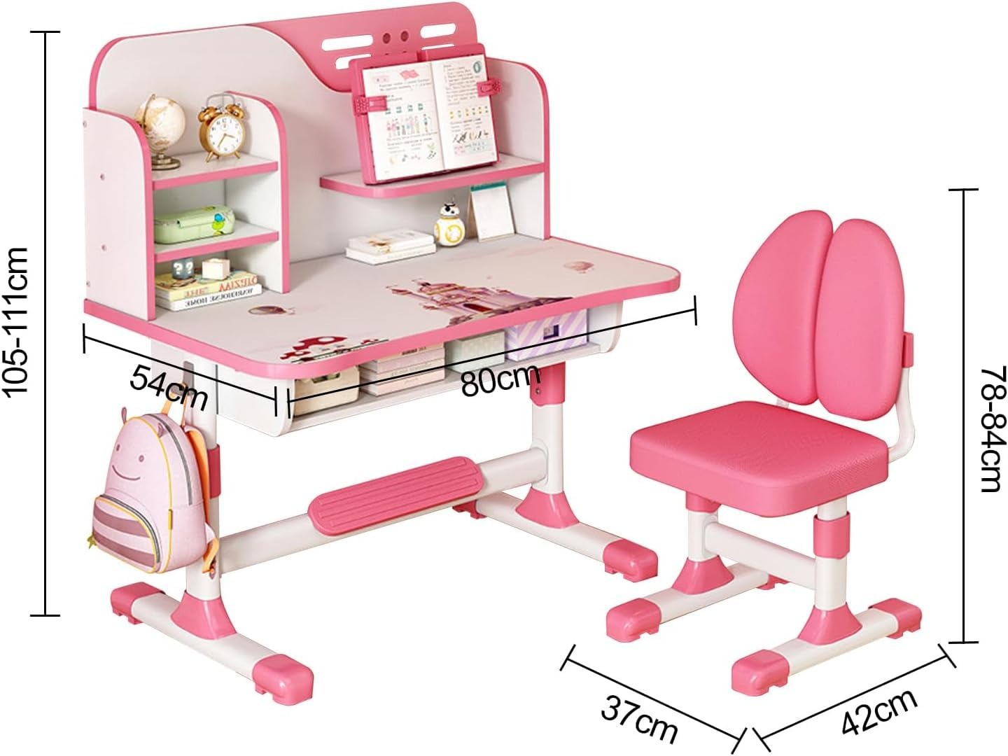 Adjustable Kids Study Learning Desk and Chair Set Ergonomic Study Table with Bookshelf, Drawer Storage, Shelves, Table Lamp & Fun Stickers (Pink)