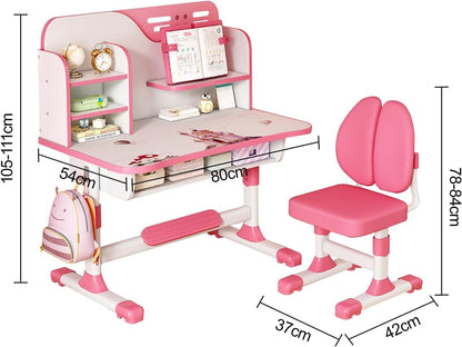 Adjustable Kids Study Learning Desk and Chair Set Ergonomic Study Table with Bookshelf, Drawer Storage, Shelves, Table Lamp & Fun Stickers (Pink)
