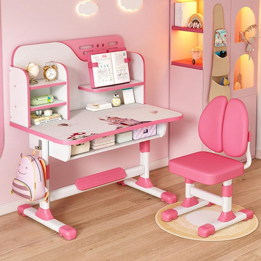 Adjustable Kids Study Learning Desk and Chair Set Ergonomic Study Table with Bookshelf, Drawer Storage, Shelves, Table Lamp & Fun Stickers (Pink)